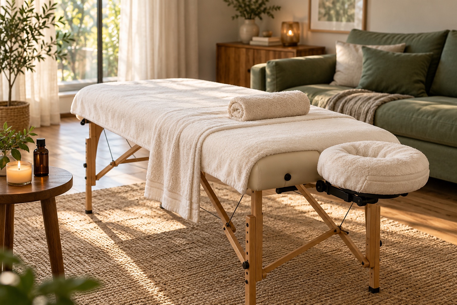 Vorbereitete mobile Massageliege mit weichen Handtüchern in einem gemütlichen Wohnzimmer